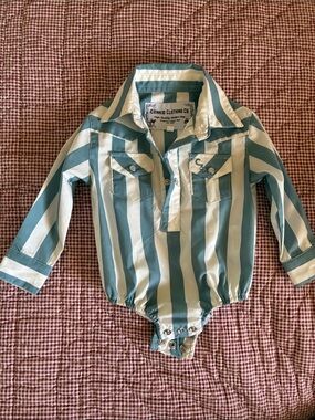 CowKid Clothing Co. Striped Button-Front Bodysuit in Teal & White